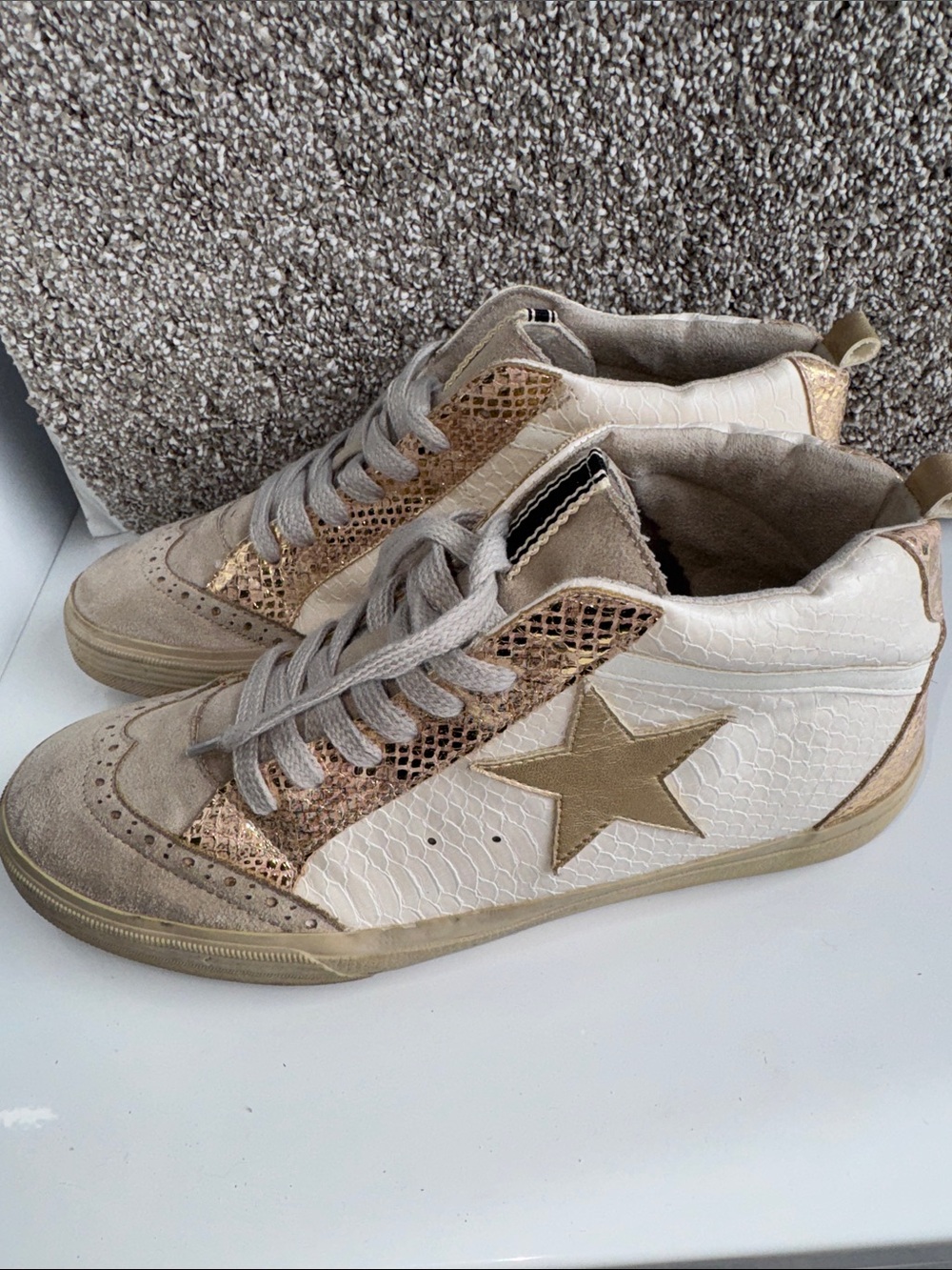 ShuShop Beige and Gold Star High-Top Sneakers